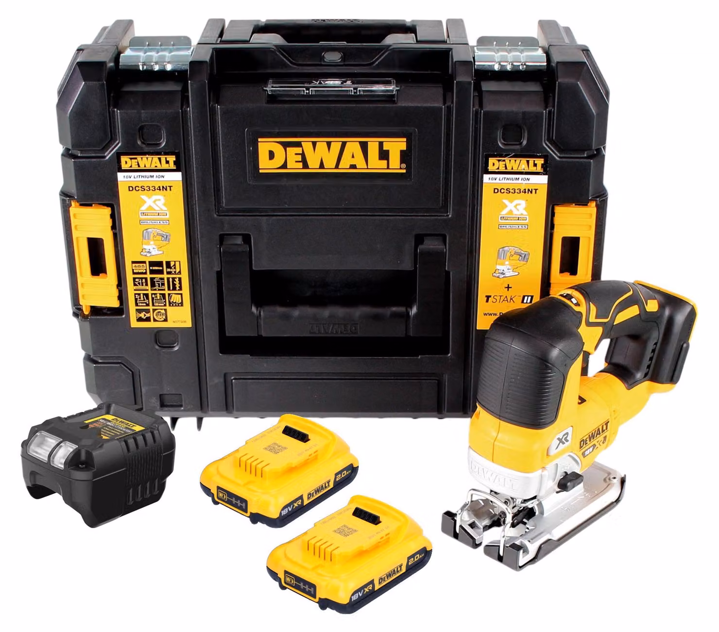 Seghetto alternativo a pendolo a batteria DeWalt DCS 334 D2T 18V brushless + 2x batteria ricaricabile 2,0 Ah + caricabatterie + TSTAK