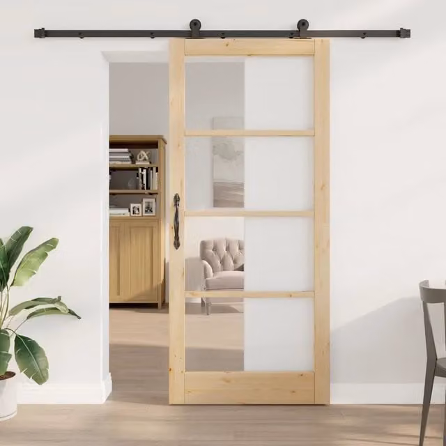 Porta scorrevole ORKDAL vidaXL in legno di pino con vetro, colore naturale beige, L: 93 cm, H: 211 cm