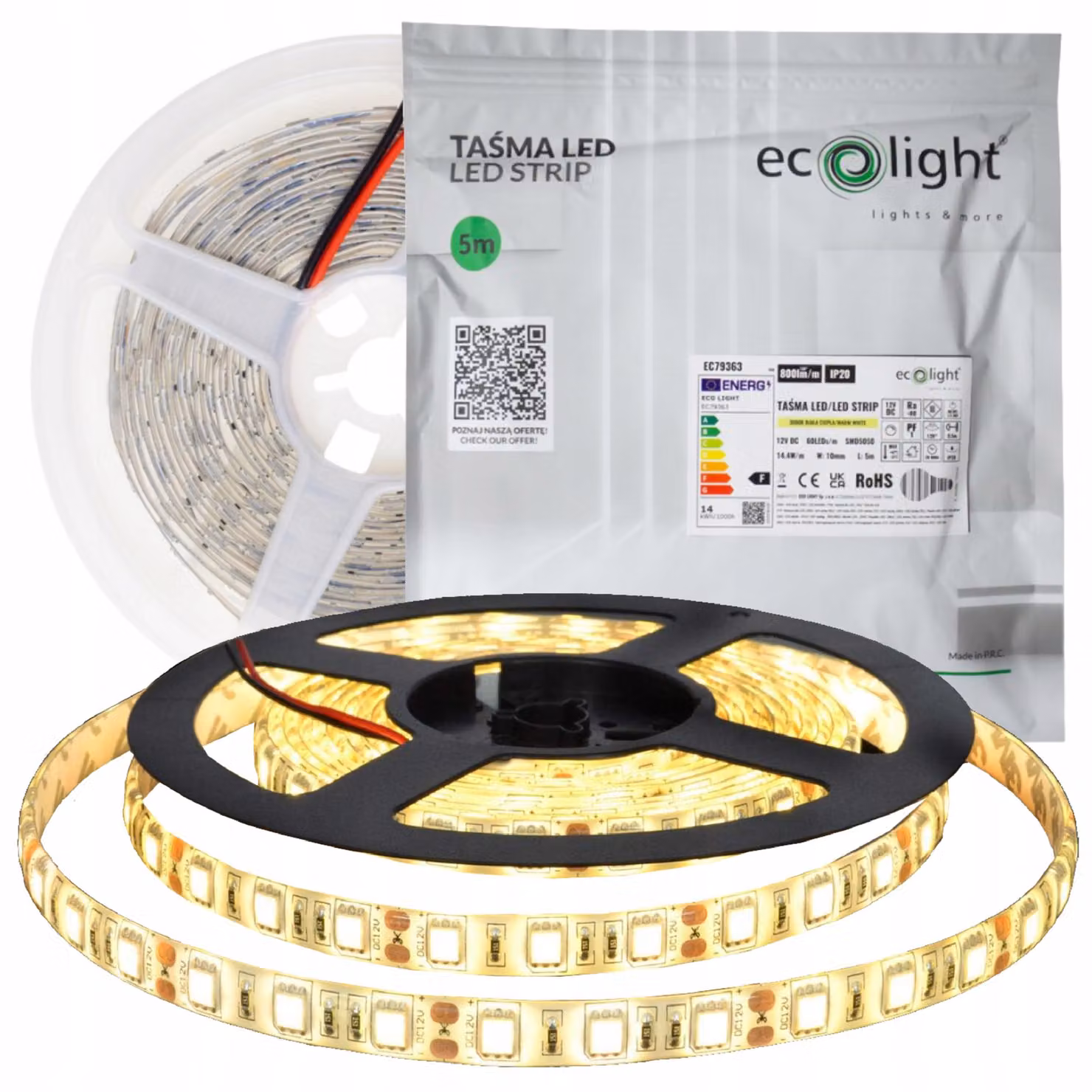 Striscia LED, 300 LED/metro, 14,4W/metro, 72W, 12V, grado di protezione IP20, luce calda, rotolo da 5 metri, 3000K
