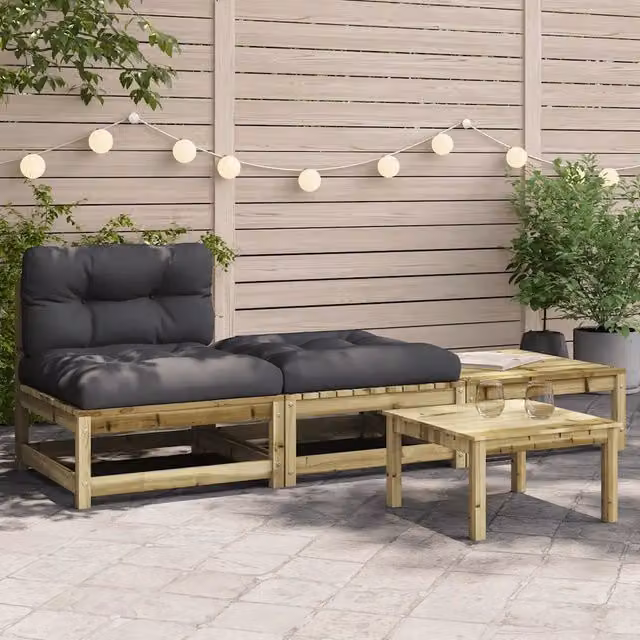 Divano da giardino vidaXL in legno di pino trattato con cuscini e pouf coordinato colore grigio antracite – 1