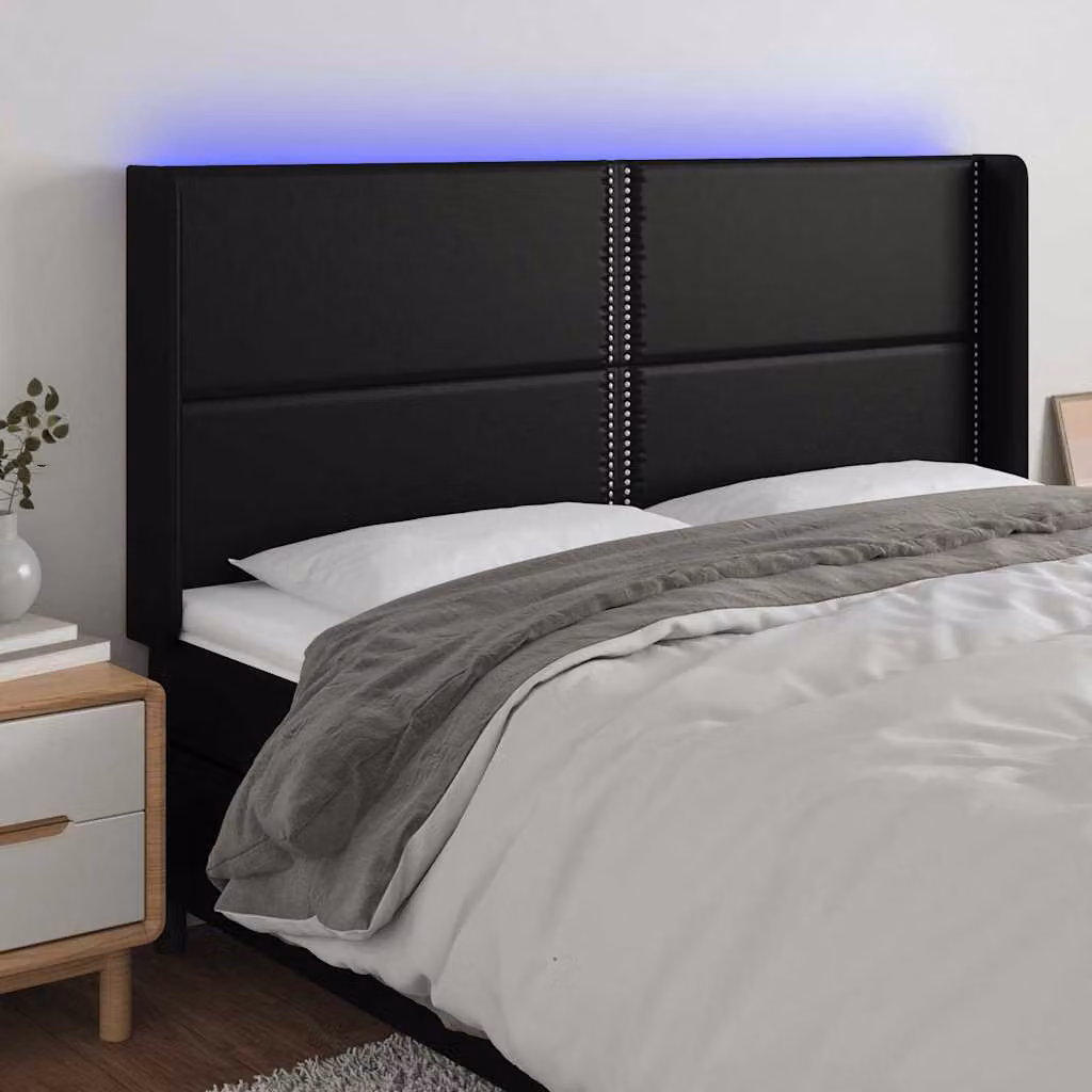 Testiera per letto vidaXL in similpelle nera con illuminazione LED integrata e porta di ricarica USB, L 183 x P 16 x H 118/128 cm