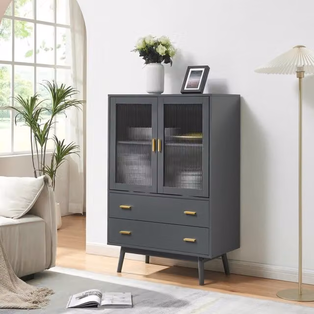 Credenza Susa en.casa con vetrina e 2 cassetti, colore grigio, L 120 cm x H 80 cm x P 40 cm
