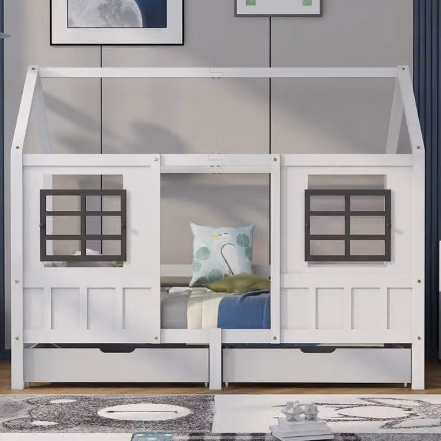 Letto singolo a casetta 200x90 cm con 2 cassetti e finestre; in legno massello e MDF; bianco