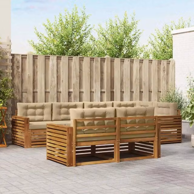 Set di divani da esterno a L vidaXL in legno di acacia con cuscini, 7 pezzi, marrone e beige – 1