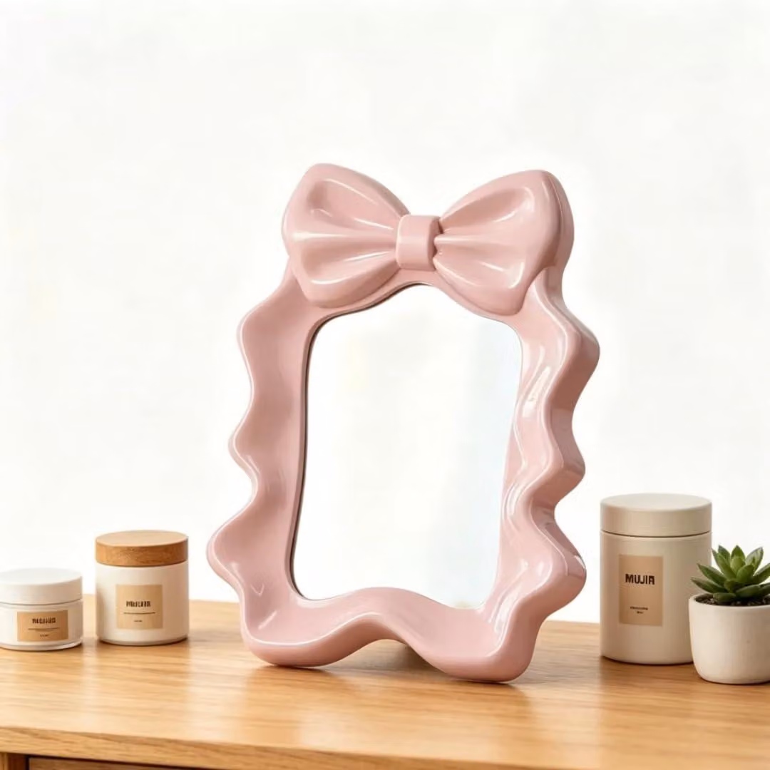 Specchio da tavolo con nastro, decorativo, 20,7x27 cm, rosa