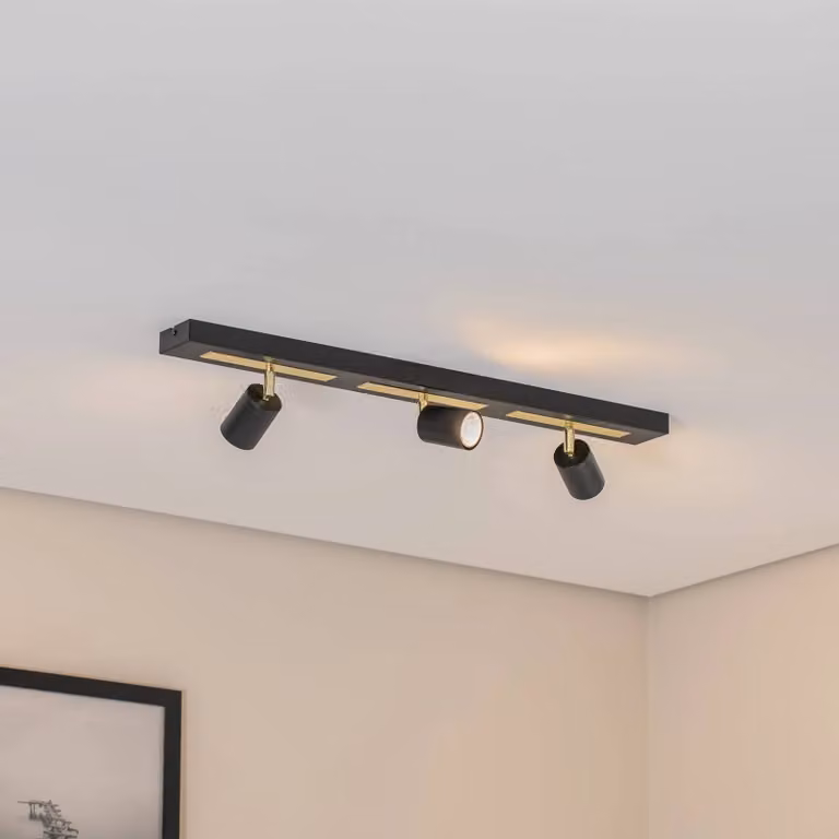 Faretto da soffitto Rodez, nero/oro, lunghezza 80 cm, a 3 luci. Rodez Luminex, dimmerabile, Nero, Soggiorno / Sala da pranzo, Metallo, Moderno, Faretto alogeno