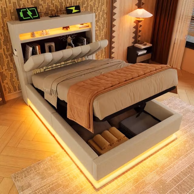 Letto imbottito WISHDOR con contenitore a sollevamento, illuminazione LED sottostante, porta USB e mensola integrata, beige, 90x200 cm