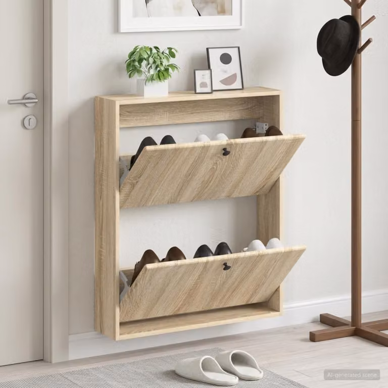 Mobiletto per scarpe da muro vidaXL BREDA in legno e metallo color rovere, L: 71 cm, P: 17 cm, H: 86 cm