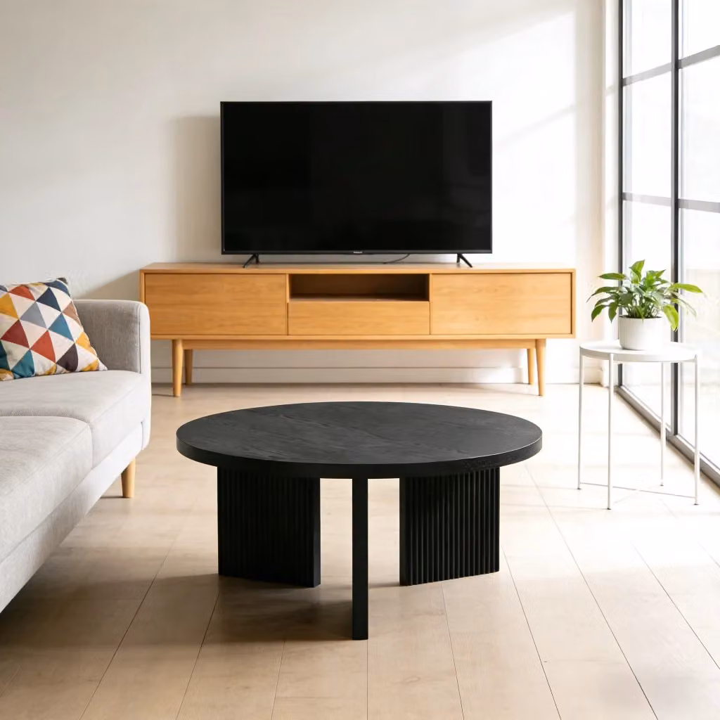Tavolino basso rotondo MIVRAY nero in MDF con superficie liscia e gambe scanalate L/P/H: 92 x 92 x 11.4 cm – 2