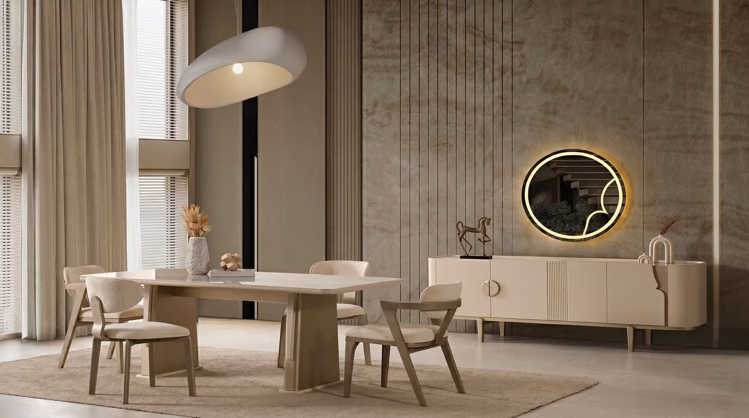 Set per sala da pranzo: tavolo, sedie, consolle con specchio. Stile moderno. Colore beige