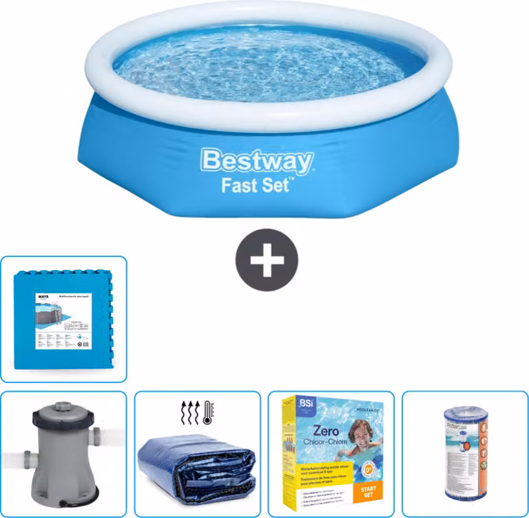Piscina gonfiabile rotonda Bestway a presa rapida - 244 x 61 cm - blu - inclusa pompa tenda - pacchetto manutenzione - filtro - piastrelle per il pavimento