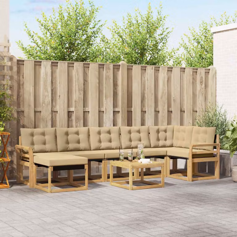 vidaXL Set di divani da esterno 8 pz in legno di acacia con cuscini bianchi e beige
