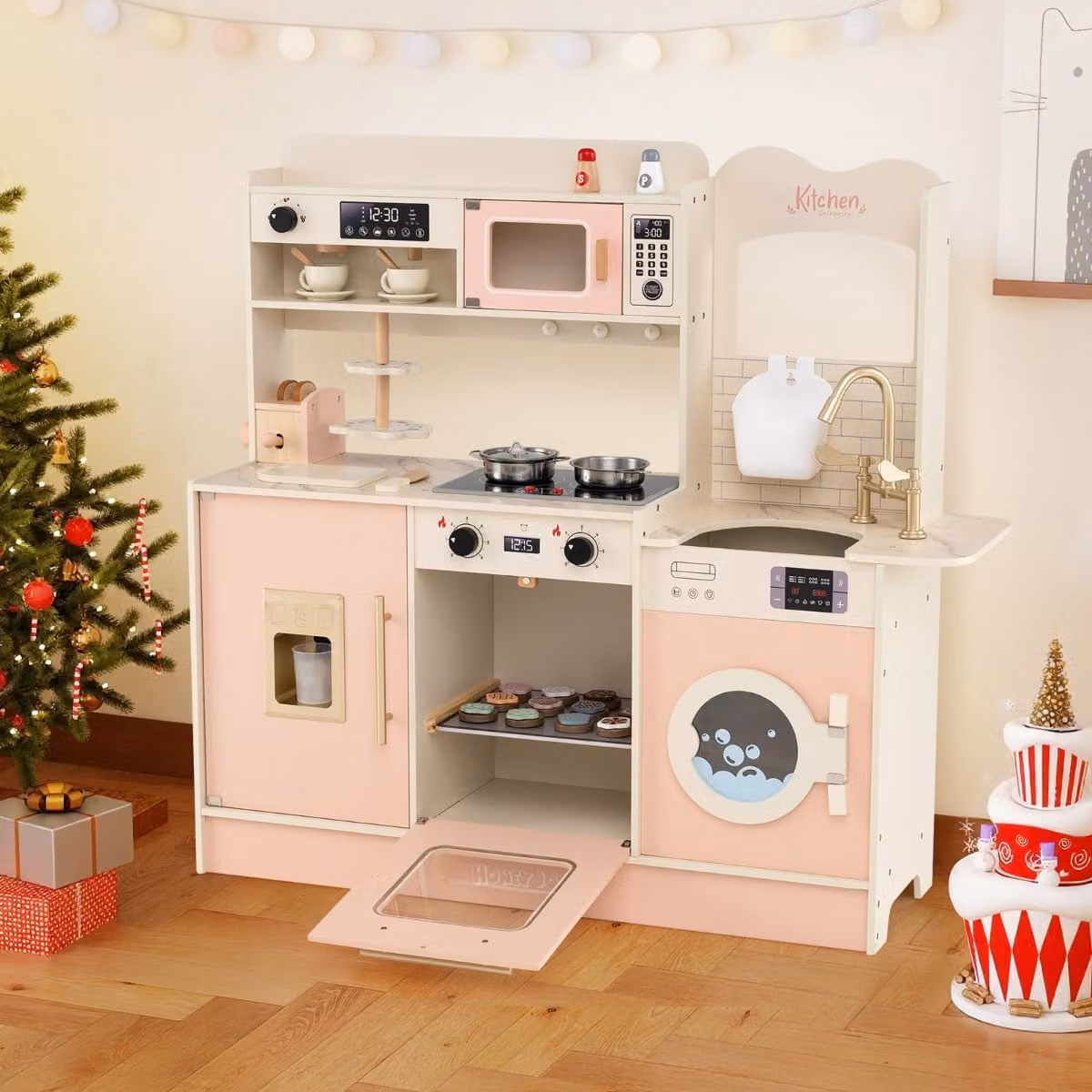 Cucina giocattolo per bambini Costway con fornelli, forno a microonde, tostapane e distributore di ghiaccio, Rosa