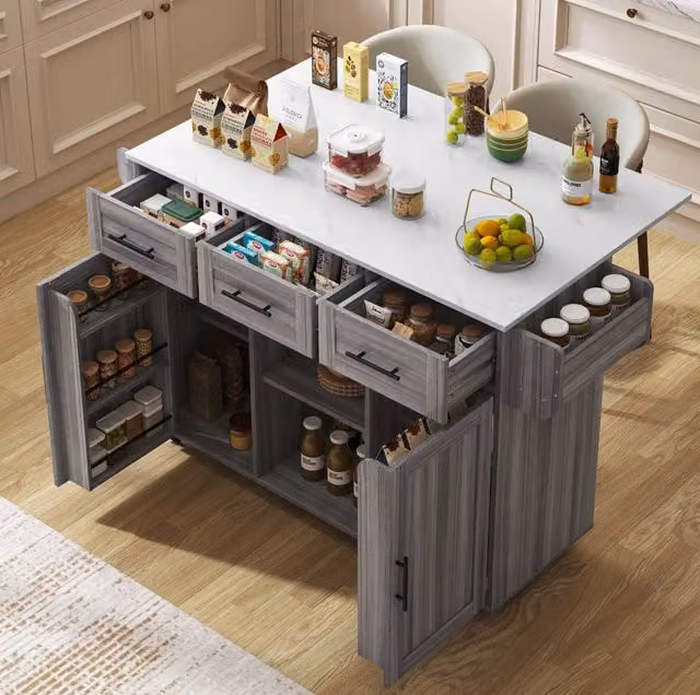 Carrello da cucina ULEVR 139x46(71)x91,5 cm con piano ribaltabile, 3 cassetti e vani regolabili, grigio