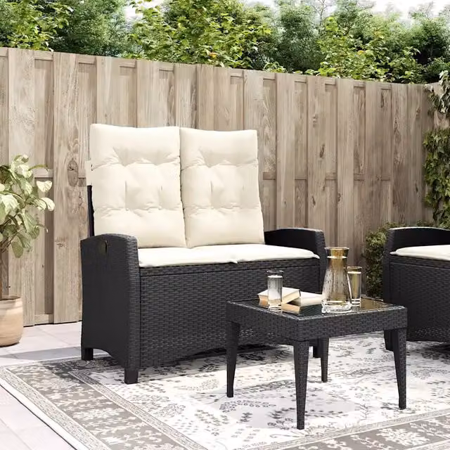 Panca Reclinabile da Giardino Design Mania in Polyrattan e Metallo con Cuscini Nera e Bianca L/P/H: 110 x 66 x 93 cm
