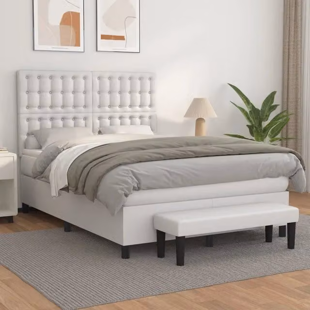 Letto con Giroletto a Molle e Materasso Ibrido vidaXL in Similpelle Bianco L/P/H: 190 x 140 x 50 cm