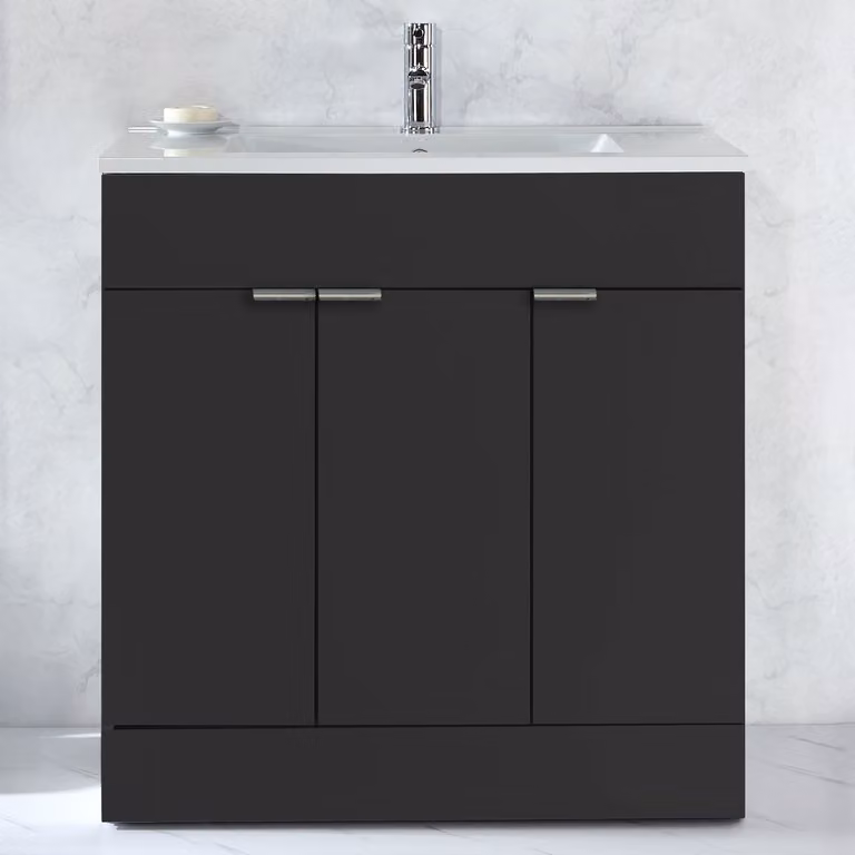 Mobile Bagno a Terra Grigio Nero da 810mm con Lavabo e Maniglie con Impugnatura a Dito Cromate - Cluo
