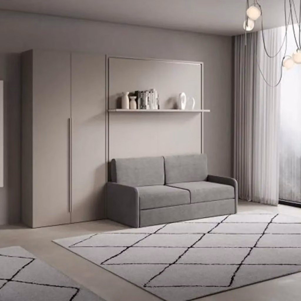 Letto matrimoniale a scomparsa Versia Itamoby con divano, mensola e armadio a 2 ante, colore grigio argilla, L/P: 140 x 200 cm – 2