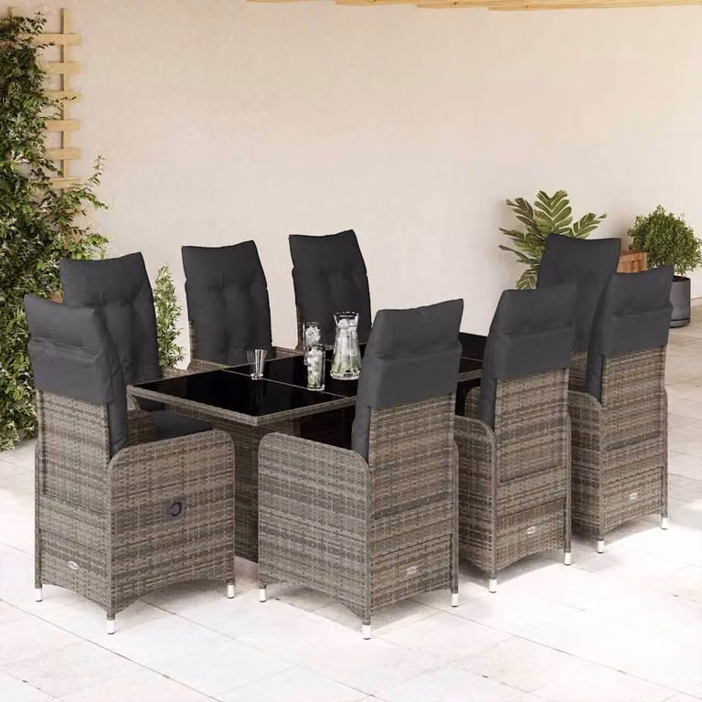 Set Bistrò da Giardino vidaXL 9 pz in Polyrattan e Metallo con Cuscini Grigio