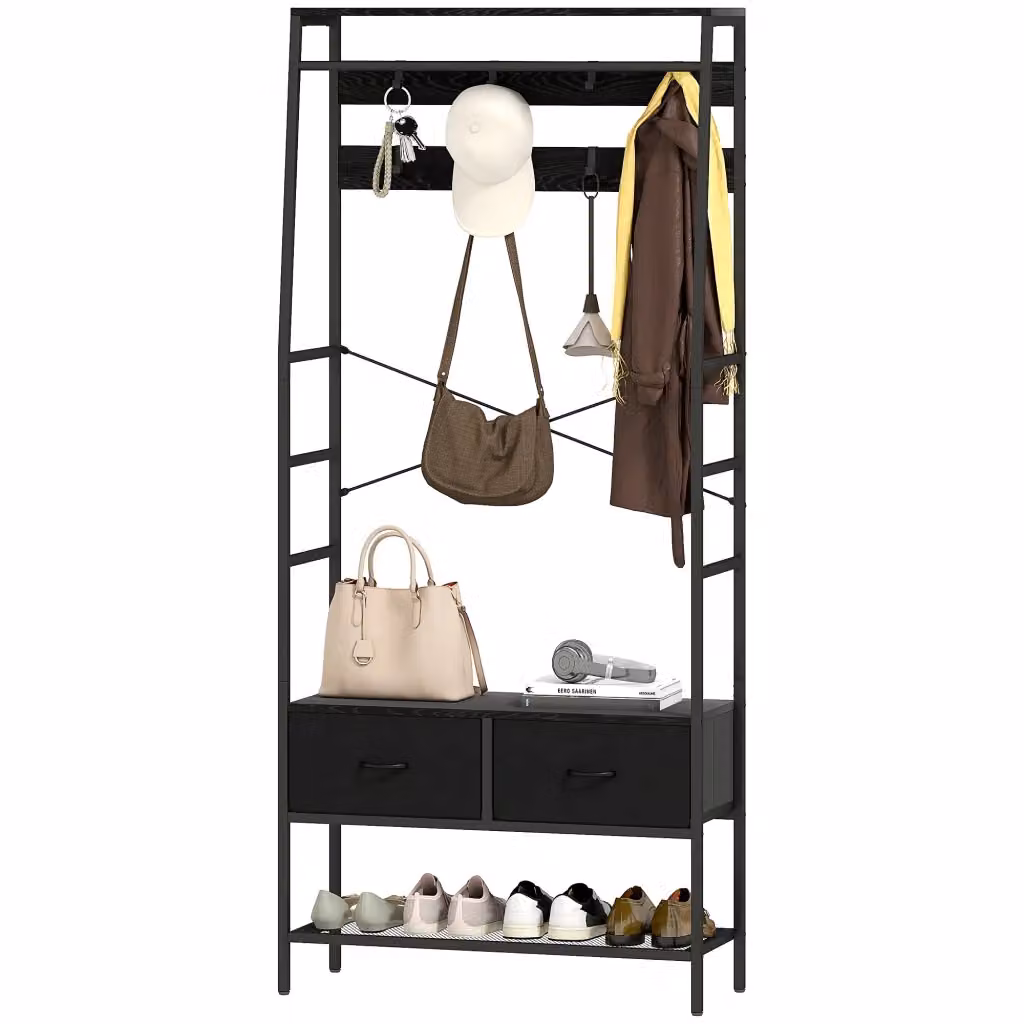 Appendiabiti con Scarpiera Xylo Design Industriale in Metallo Nero con 8 Ganci e 2 Cassetti – 2