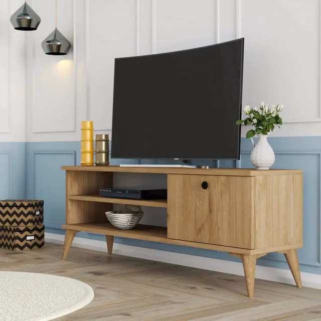 Mobile porta TV Muqdisho DMORA in legno color quercia marrone con un ripiano, L 120 cm x P 30 cm x H 45 cm – 1