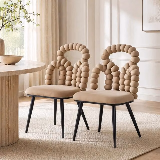 Set di 2 sedie da pranzo MIVRAY in velluto beige e marrone con schienale geometrico a sfere e gambe in metallo opaco per sala da pranzo e soggiorno