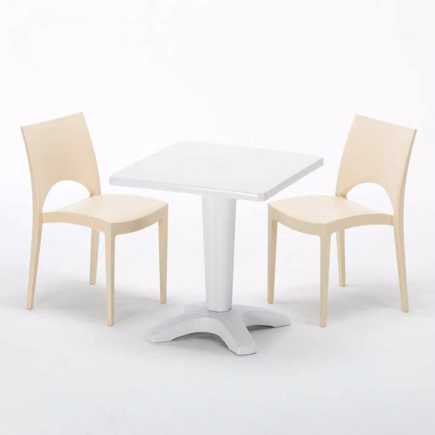 Tavolo quadrato bianco e 2 sedie in polipropilene colorato per interni Grand Soleil Paris Patio - Beige