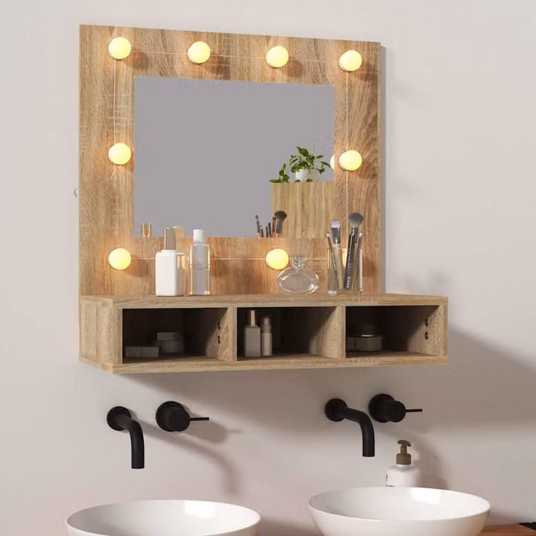 Mobile a specchio con LED vidaXL in Rovere Sonoma, Colore Marrone, L: 60 cm, P: 31,5 cm, H: 62 cm