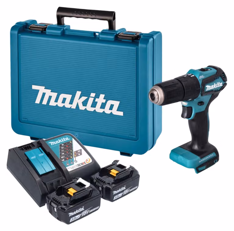 Trapano avvitatore a percussione a batteria Makita DHP 483 RFE 18 V 40 Nm brushless + 2 batterie da 3,0 Ah + caricabatterie + valigetta