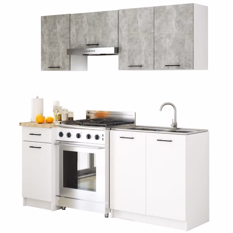 Set da cucina: un cassetto, sette ante, otto ripiani, colore: bianco cemento