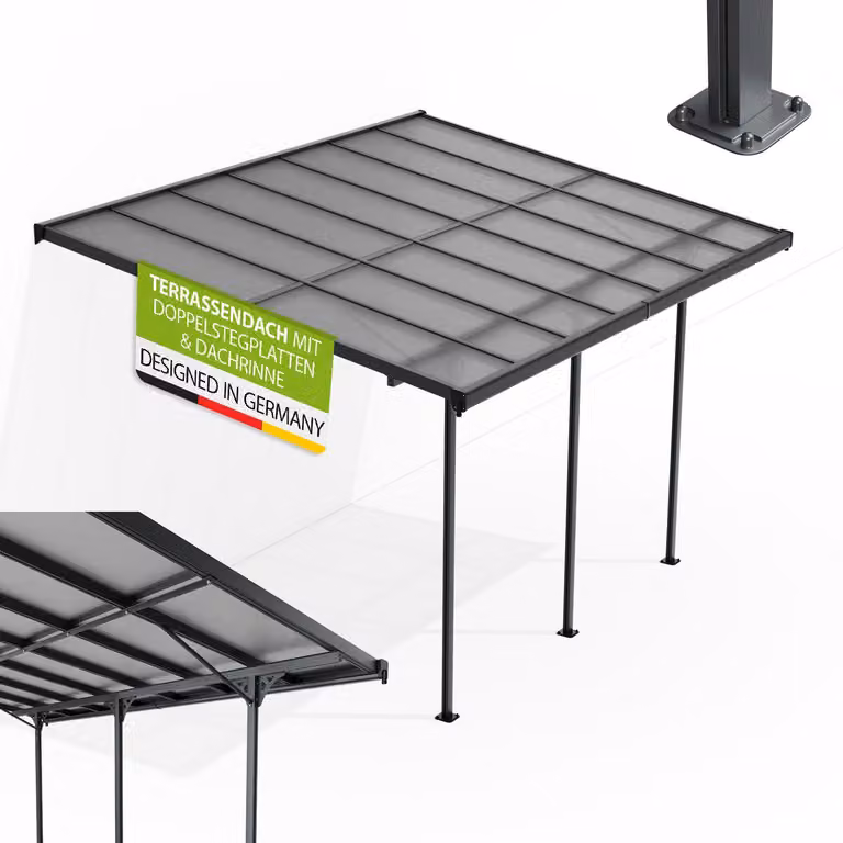 Juskys tetto per terrazze Borneo 4x3 m - Tetto per terrazze in alluminio con pannelli a doppia pelle per la protezione dal sole copertura per terrazze a parete antracite