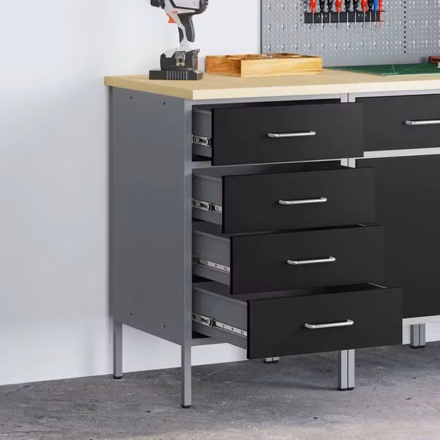 Banco da lavoro con cassetto vidaXL in acciaio e legno, Nero e Grigio, L/P/H: 50 x 55 x 85 cm – 1