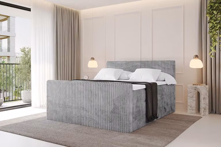 Letto boxspring ALTDECOR con pediera - TOLO-Z KING 180x200 Cord - Grigio chiaro - Set completo con materassi H3 e H4 e topper, letto imbottito con contenitori, rete a doghe, letto con spazio contenitore, letto matrimoniale, letto box