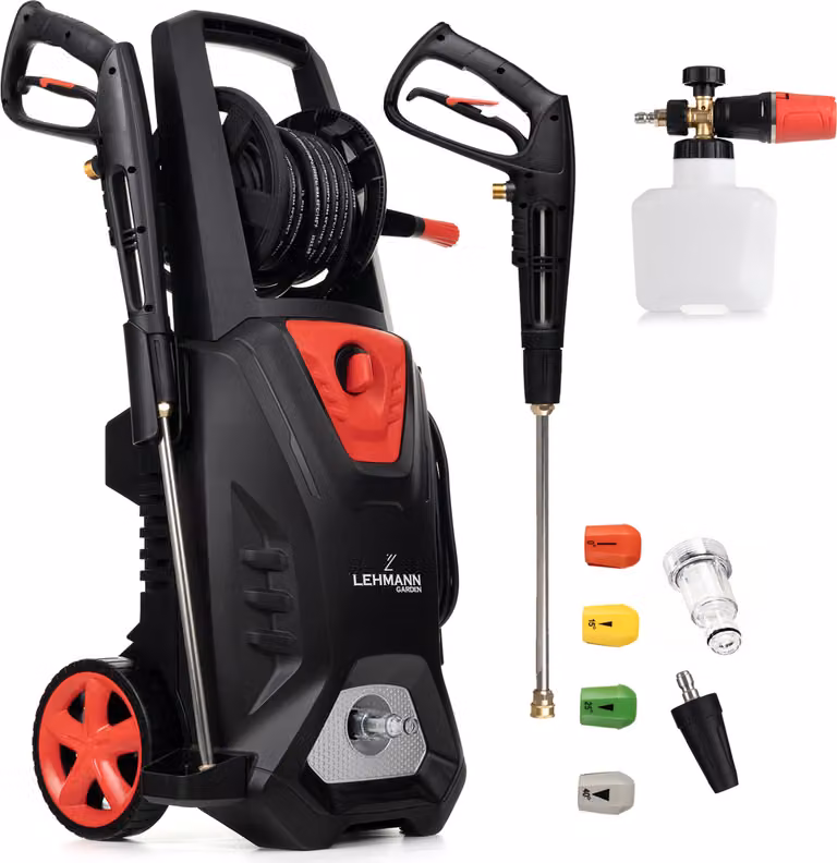 Idropulitrice professionale Lehmann 3000 W con motore a induzione, funzione di aspirazione, portata 492 l/h, tubo flessibile da 12 metri, incluso contenitore per detergenti