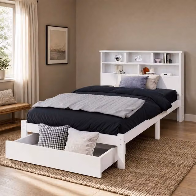 Letto singolo Mivray con cassetti e testiera libreria in legno di pino e MDF bianco L/P/H: 219 x 90 x 120 cm