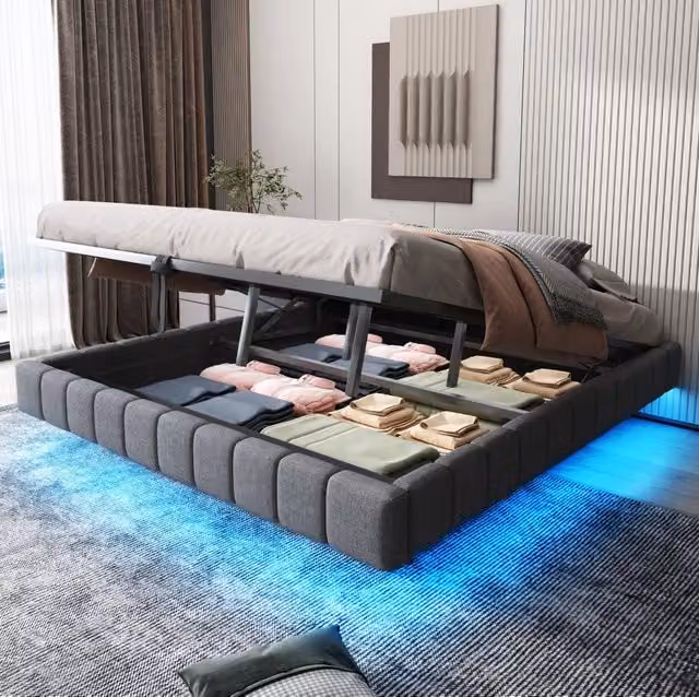 Letto imbottito 180x200 cm grigio, struttura in metallo, contenitore e LED