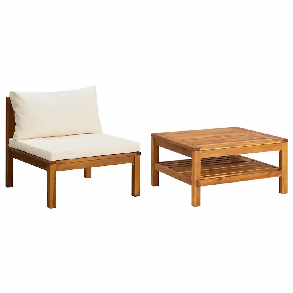 Set Salotto da Giardino Moderno in Legno di Acacia con 2 Divani a Due Posti e Tavolino, Cuscini Bianchi e Beige – 2