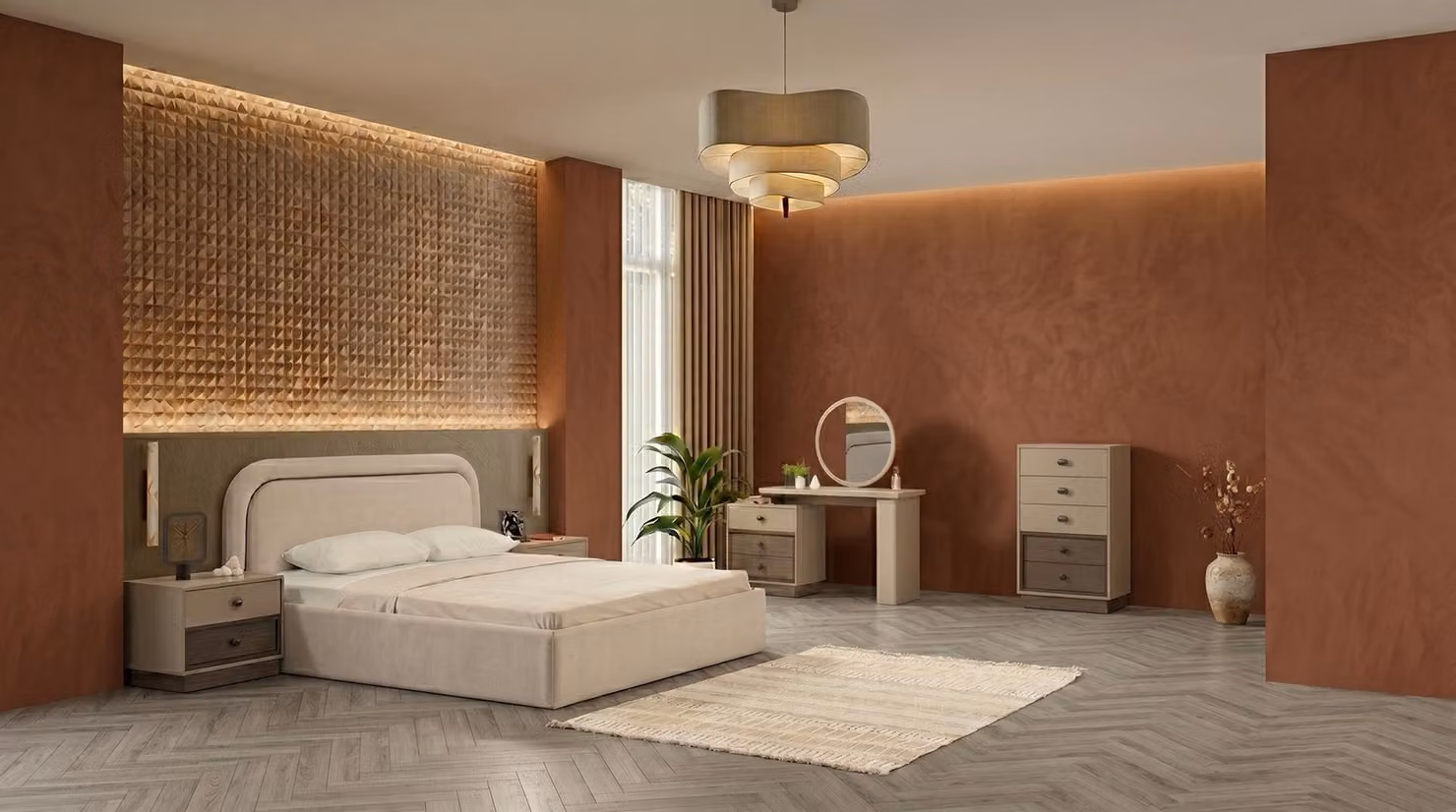 Set di mobili da camera da letto color beige: letto, comò, specchiera, comodini, design moderno