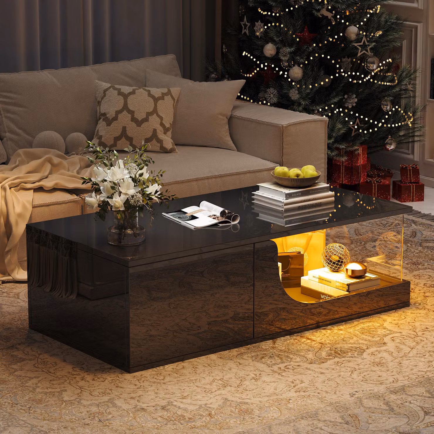 Tavolino Sweiko 100x50x30cm, tavolino da divano con 2 cassetti, tavolino da salotto lucido, tavolino da salotto in MDF, tavolino con LED, tavolino d'appoggio in vetro temperato, tavolino design nero