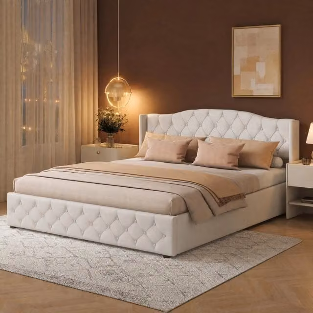 Letto matrimoniale 180x200 cm con contenitore idraulico; in lino beige