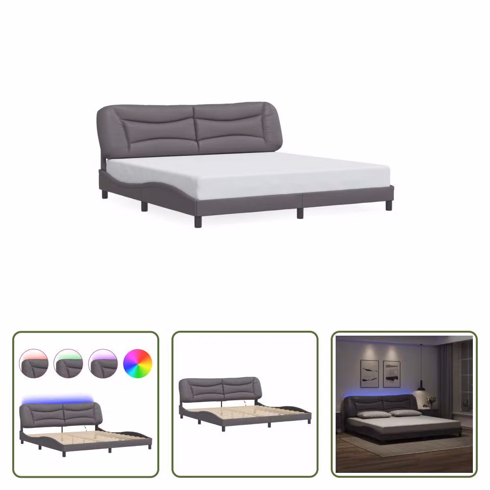 The Living Store Struttura letto con LED grigio 200x200 cm in ecopelle