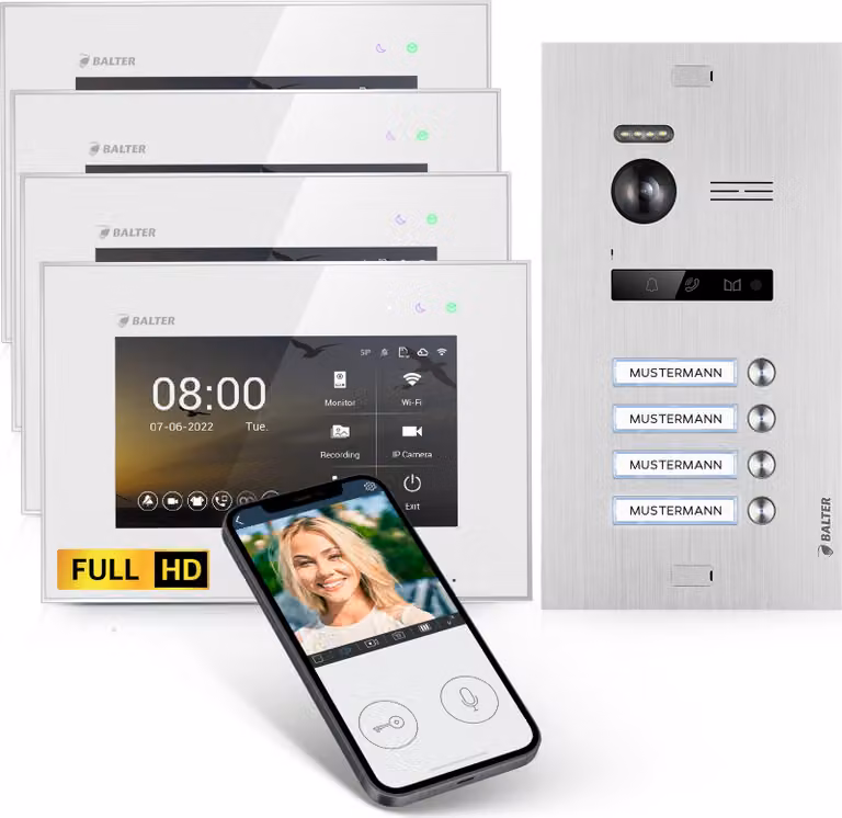 Videocitofono HD con app per smartphone per casa quadrifamiliare, 4x monitor, Balter EVO HD WLAN