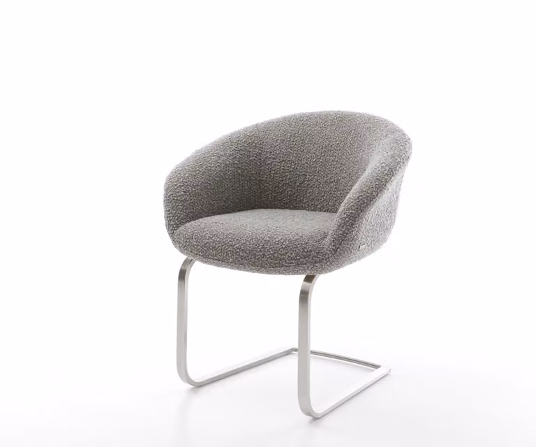 DELIFE Sedia a dondolo Vinka-Flex con braccioli, rivestita in tessuto bouclé color argento-grigio. Sedia a dondolo dal design minimalista, con struttura in acciaio inossidabile e imbottitura in molle insacchettate