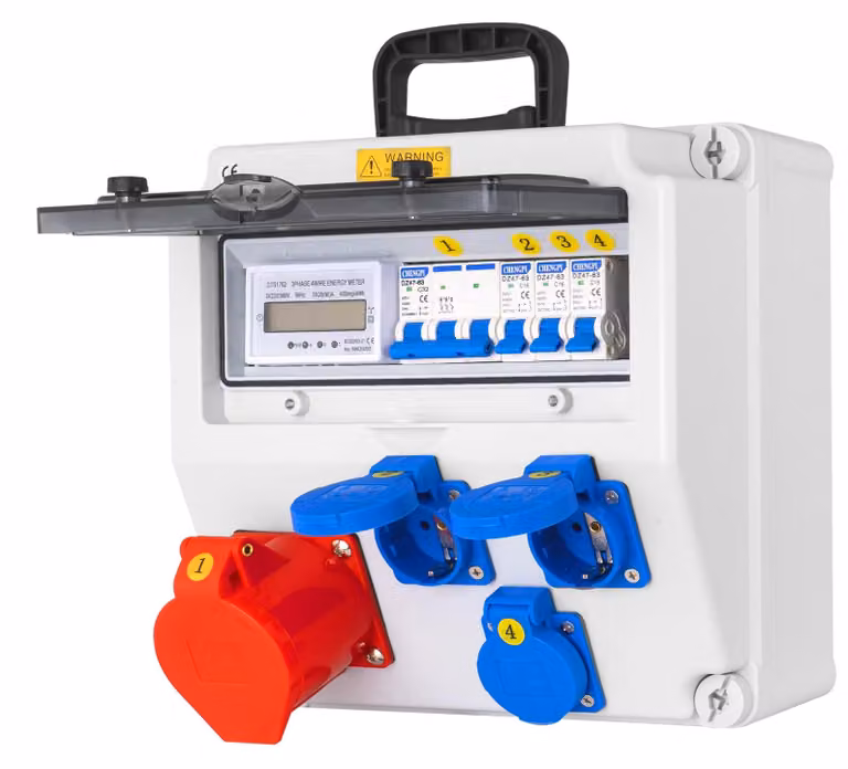 Distributore di corrente con contatore, grado di protezione IP65 (resistente all'acqua), 230V/16A e 400V/32A