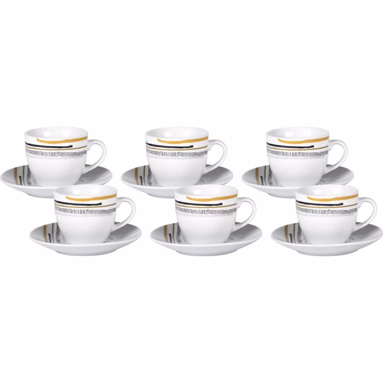 Servizio da caffè Antalya GUSTO CASA in porcellana bianca con decoro a righe, composto da 6 tazzine con piattini, lavabile in lavastoviglie e utilizzabile in microonde