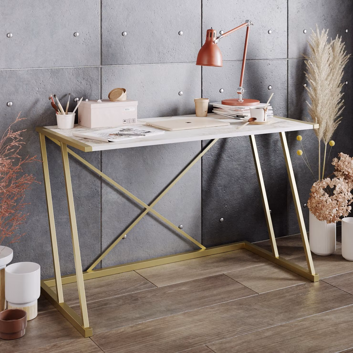 Skye Decor, Anemon- Anemon HDL, bianco, oro, tavolini, 75x120x60 cm, 100% pannello di particelle rivestito in melamina
