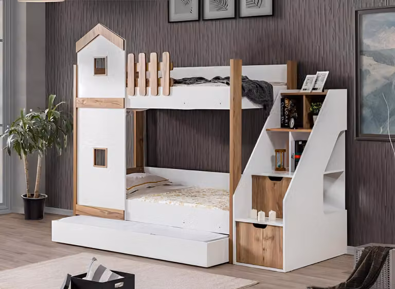 Letto a castello dal design moderno con spazio contenitivo e scaletta