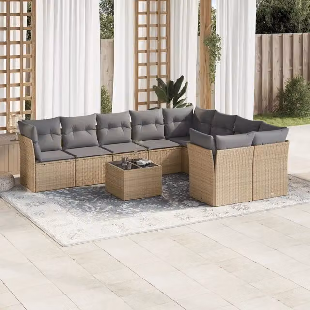 Set Divano da Giardino Moderno VIDAXL in Polyrattan con Cuscini Beige, 10 Pezzi, Forma a L