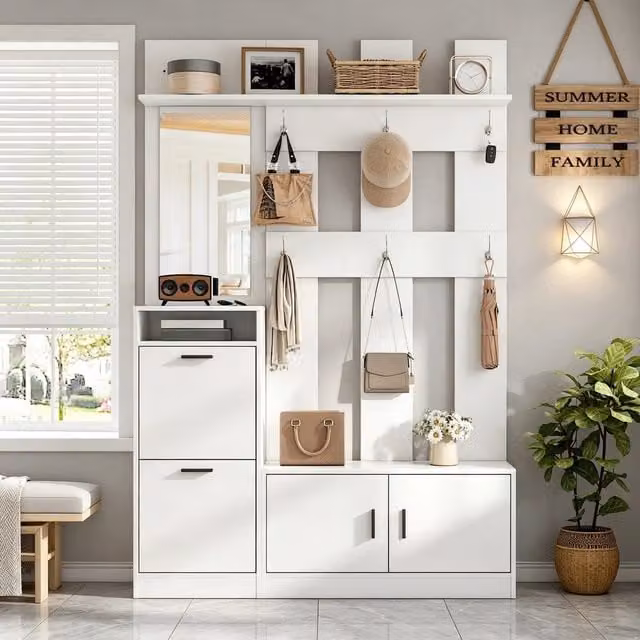 Mobile ingresso multifunzione ¨C Minimal ¨C Bianco 120x30x180cm con specchio appendiabiti scarpiera