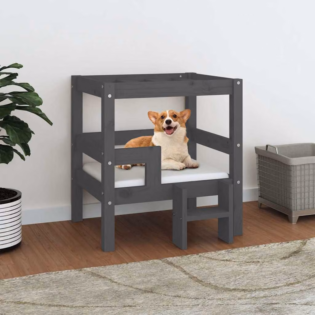 Cuccia per cani vidaXL in legno di pino massello, Grigio, L 55,5 cm x P 53,5 cm x H 60 cm